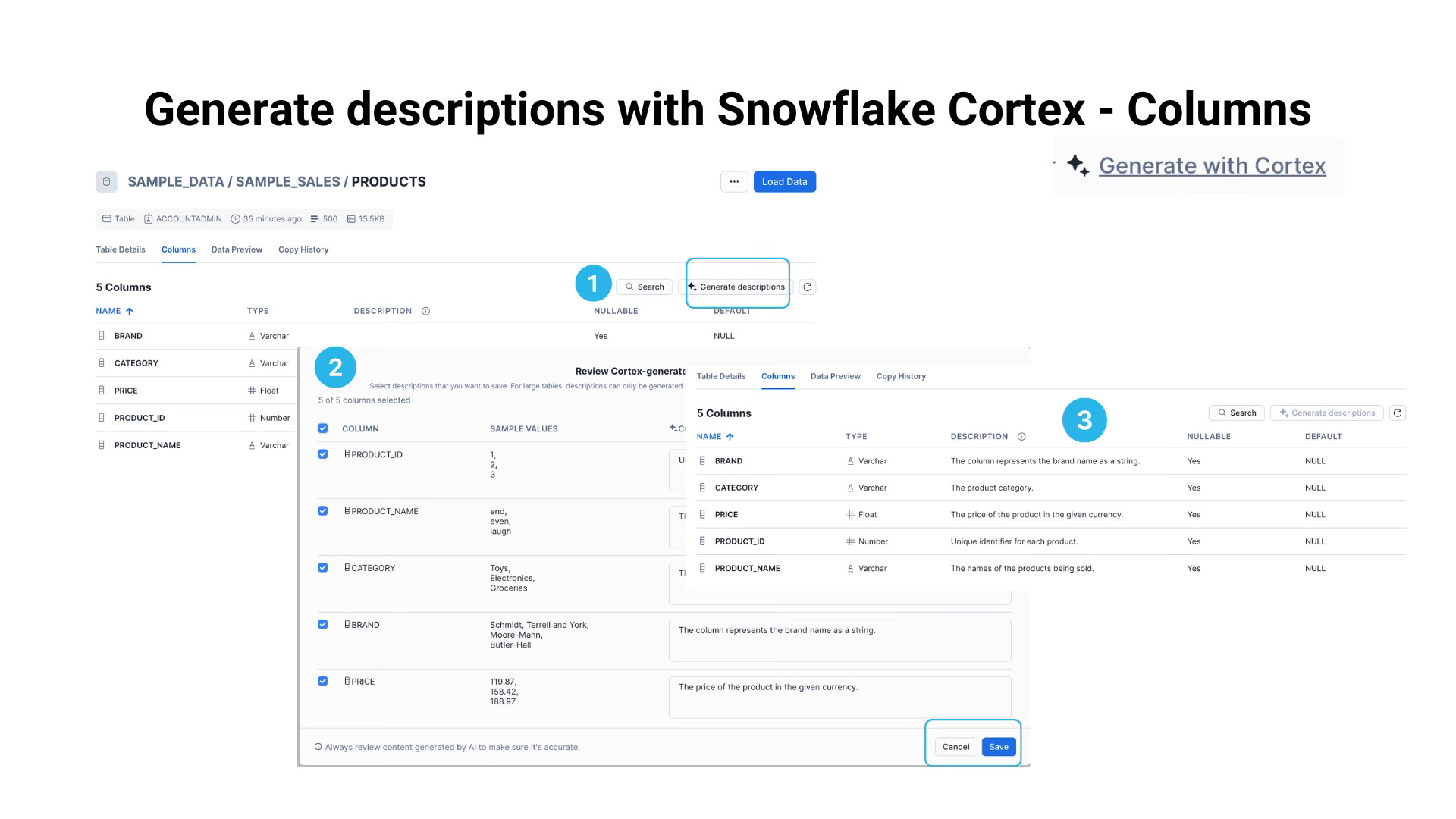 Generate descriptions with Snowflake Cortex - Columns