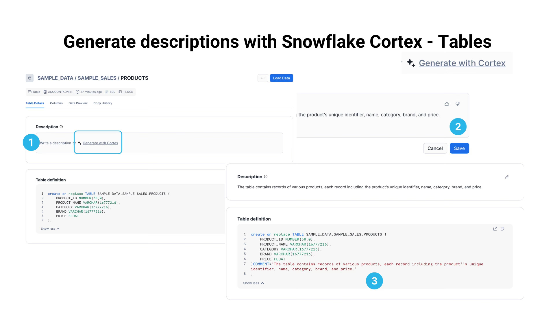Generate descriptions with Snowflake Cortex - Tables